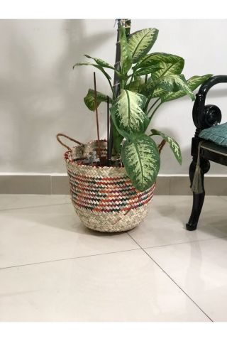 CHİCORY DOĞAL HASIR SAKSI KIRMIZI RENKLİ 32X40 CM