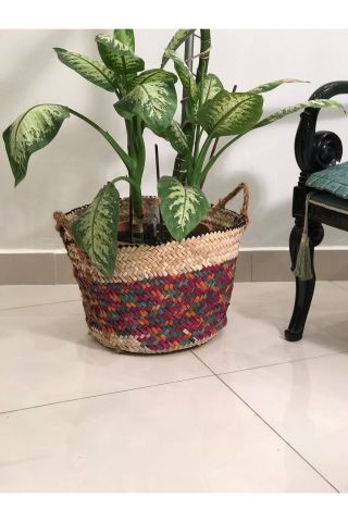 CHİCORY DOĞAL HASIR SAKSI ,RENKLİ 32X40 CM